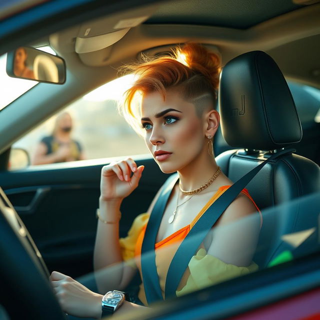 A stylish young woman sitting in the passenger seat of a trendy car, with a concerned expression as she looks at her outfit in the rearview mirror, debating whether to put on her seatbelt