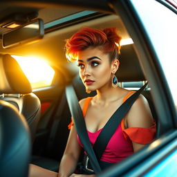 A stylish young woman sitting in the passenger seat of a trendy car, with a concerned expression as she looks at her outfit in the rearview mirror, debating whether to put on her seatbelt