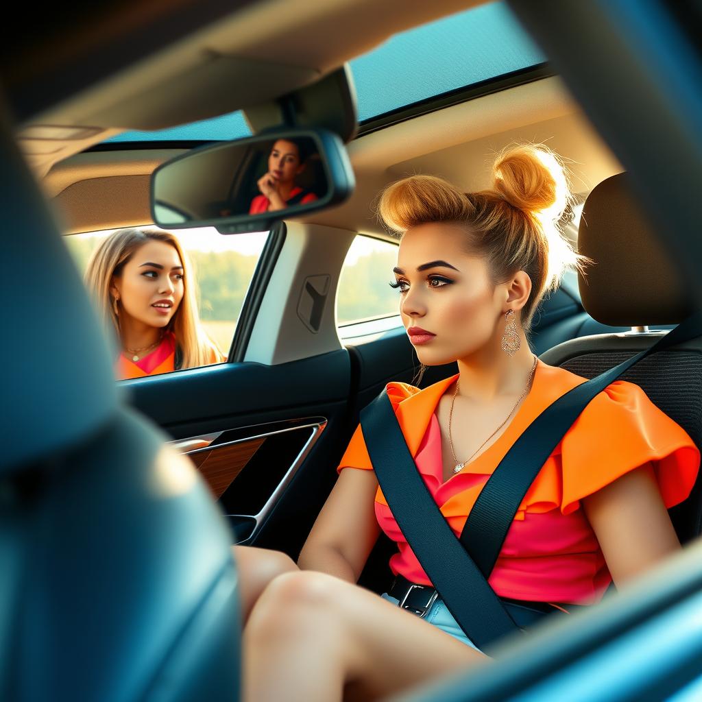 A stylish young woman sitting in the passenger seat of a trendy car, with a concerned expression as she looks at her outfit in the rearview mirror, debating whether to put on her seatbelt