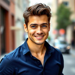 A handsome 24-year-old man with a chiseled jawline, bright blue eyes, slightly tousled dark hair, and a charming smile