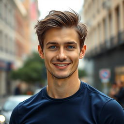 A handsome 24-year-old man with a chiseled jawline, bright blue eyes, slightly tousled dark hair, and a charming smile