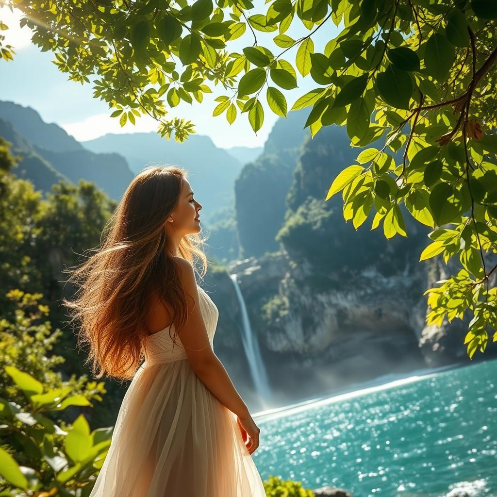 A breathtaking scene of natural beauty featuring a serene woman with flowing hair, peacefully surrounded by lush green trees, majestic mountains in the background, a stunning waterfall cascading down rocky cliffs, and a tranquil sea with gentle waves