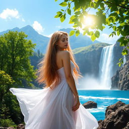A breathtaking scene of natural beauty featuring a serene woman with flowing hair, peacefully surrounded by lush green trees, majestic mountains in the background, a stunning waterfall cascading down rocky cliffs, and a tranquil sea with gentle waves