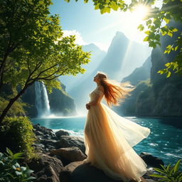 A breathtaking scene of natural beauty featuring a serene woman with flowing hair, peacefully surrounded by lush green trees, majestic mountains in the background, a stunning waterfall cascading down rocky cliffs, and a tranquil sea with gentle waves