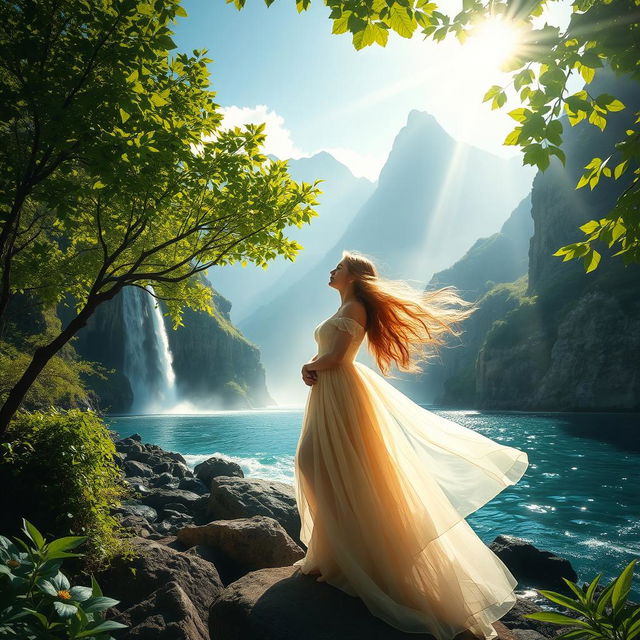 A breathtaking scene of natural beauty featuring a serene woman with flowing hair, peacefully surrounded by lush green trees, majestic mountains in the background, a stunning waterfall cascading down rocky cliffs, and a tranquil sea with gentle waves