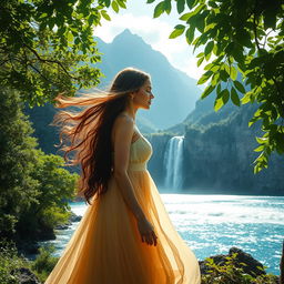 A breathtaking scene of natural beauty featuring a serene woman with flowing hair, peacefully surrounded by lush green trees, majestic mountains in the background, a stunning waterfall cascading down rocky cliffs, and a tranquil sea with gentle waves