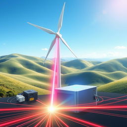 A futuristic, highly detailed illustration of a laser system being excited by electrical power generated from a wind turbine