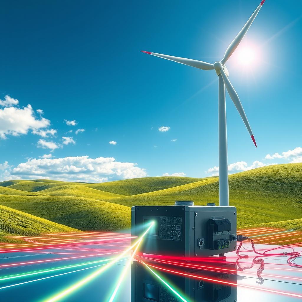 A futuristic, highly detailed illustration of a laser system being excited by electrical power generated from a wind turbine
