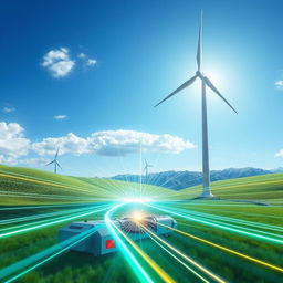 A futuristic, highly detailed illustration of a laser system being excited by electrical power generated from a wind turbine