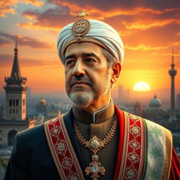 A thoughtful portrait of the new Shah of Iran after the revolution against the mullahs, dressed in a modern regal outfit, reflecting a blend of traditional Persian attire with contemporary elements