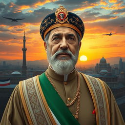A thoughtful portrait of the new Shah of Iran after the revolution against the mullahs, dressed in a modern regal outfit, reflecting a blend of traditional Persian attire with contemporary elements