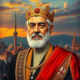 A thoughtful portrait of the new Shah of Iran after the revolution against the mullahs, dressed in a modern regal outfit, reflecting a blend of traditional Persian attire with contemporary elements