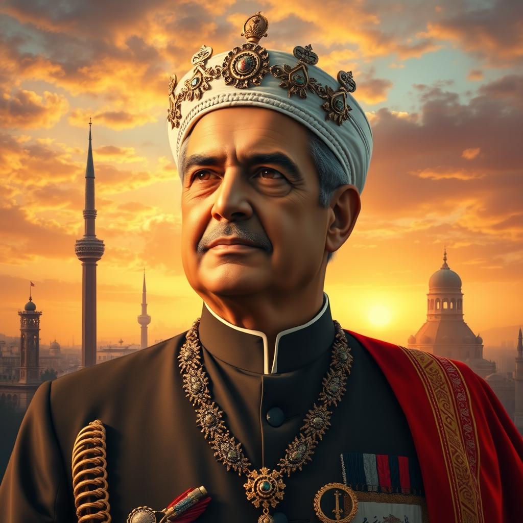 A thoughtful portrait of the new Shah of Iran after the revolution against the mullahs, dressed in a modern regal outfit, reflecting a blend of traditional Persian attire with contemporary elements