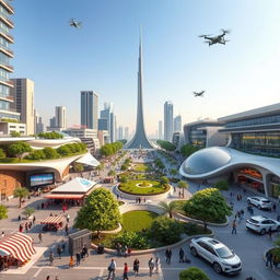 A futuristic and vibrant Azadi Square in the year 2030, showcasing modern architecture with a blend of traditional Iranian elements