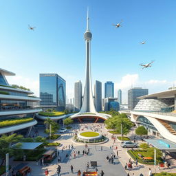 A futuristic and vibrant Azadi Square in the year 2030, showcasing modern architecture with a blend of traditional Iranian elements