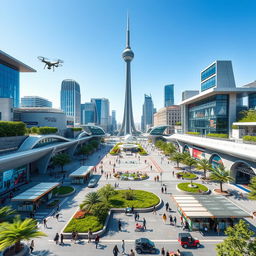 A futuristic and vibrant Azadi Square in the year 2030, showcasing modern architecture with a blend of traditional Iranian elements