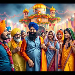 A vibrant and colorful depiction of a Sikh celebration or festival, featuring a group of Sikh men and women in traditional attire