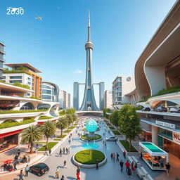 A futuristic and vibrant Azadi Square in the year 2030, showcasing modern architecture with a blend of traditional Iranian elements