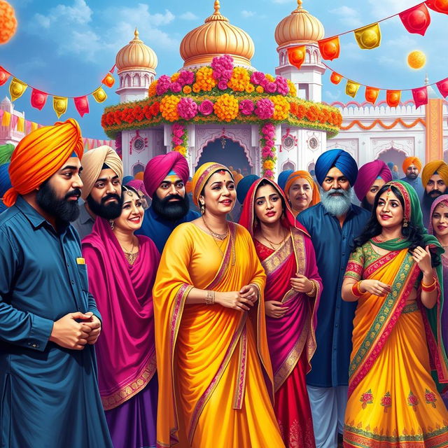 A vibrant and colorful depiction of a Sikh celebration or festival, featuring a group of Sikh men and women in traditional attire