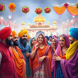 A vibrant and colorful depiction of a Sikh celebration or festival, featuring a group of Sikh men and women in traditional attire