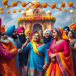 A vibrant and colorful depiction of a Sikh celebration or festival, featuring a group of Sikh men and women in traditional attire