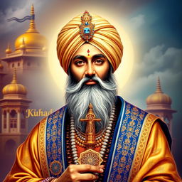 A majestic and respectful portrait of Guru Gobind Singh Ji, the tenth Sikh Guru, depicted in traditional attire