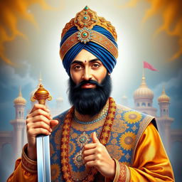 A majestic and respectful portrait of Guru Gobind Singh Ji, the tenth Sikh Guru, depicted in traditional attire