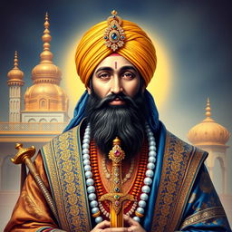 A majestic and respectful portrait of Guru Gobind Singh Ji, the tenth Sikh Guru, depicted in traditional attire