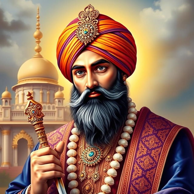 A majestic and respectful portrait of Guru Gobind Singh Ji, the tenth Sikh Guru, depicted in traditional attire