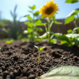 A serene backyard scene depicting a tiny green shoot emerging from rich dark soil, symbolizing growth and potential