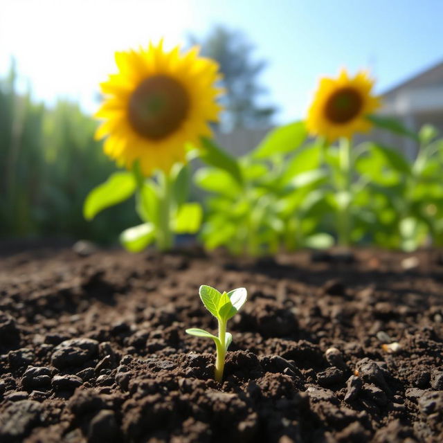 A serene backyard scene depicting a tiny green shoot emerging from rich dark soil, symbolizing growth and potential