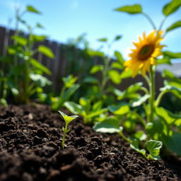 A serene backyard scene depicting a tiny green shoot emerging from rich dark soil, symbolizing growth and potential