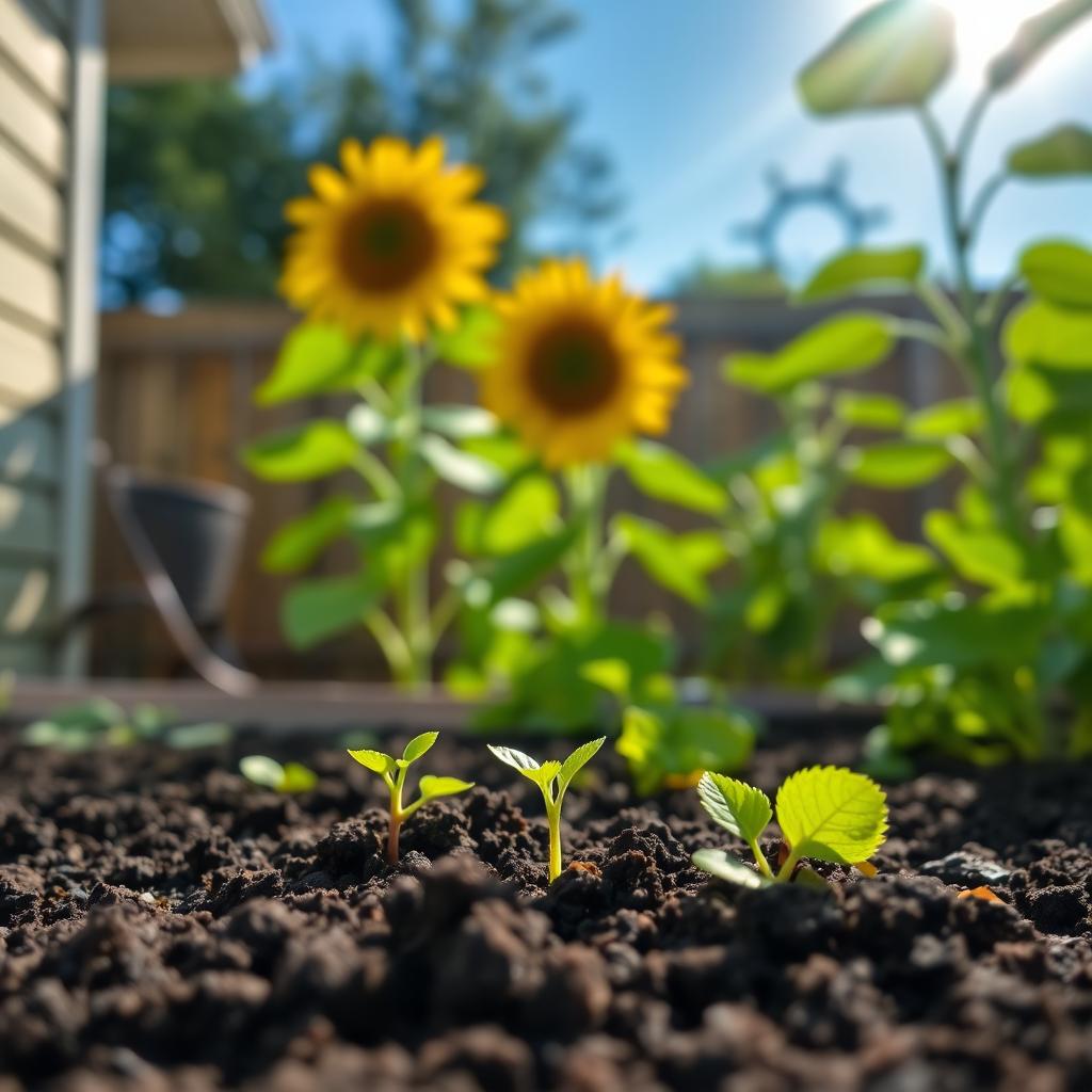 A serene backyard scene depicting a tiny green shoot emerging from rich dark soil, symbolizing growth and potential