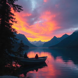 A cinematic photograph featuring a dramatic sunset over a serene lake surrounded by majestic mountains