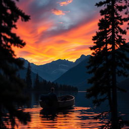 A cinematic photograph featuring a dramatic sunset over a serene lake surrounded by majestic mountains