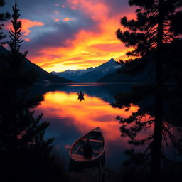 A cinematic photograph featuring a dramatic sunset over a serene lake surrounded by majestic mountains