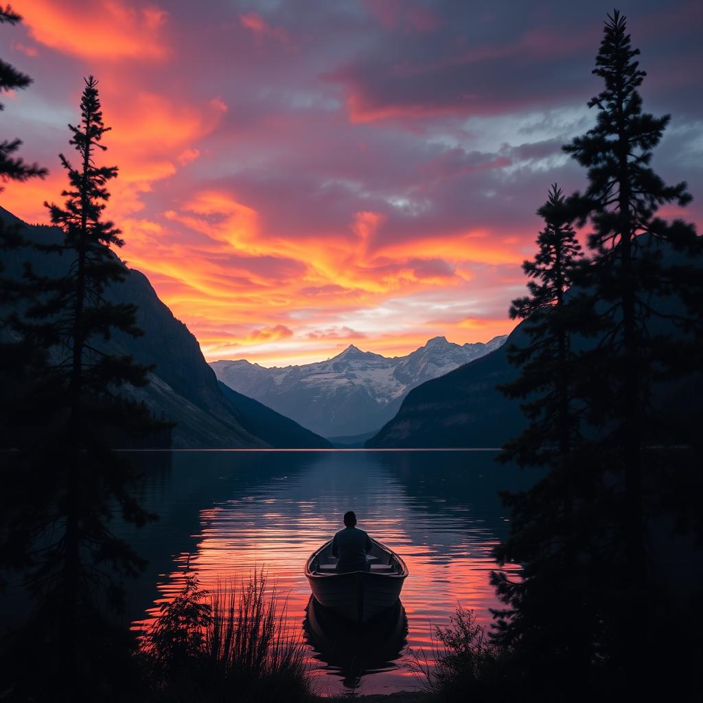 A cinematic photograph featuring a dramatic sunset over a serene lake surrounded by majestic mountains