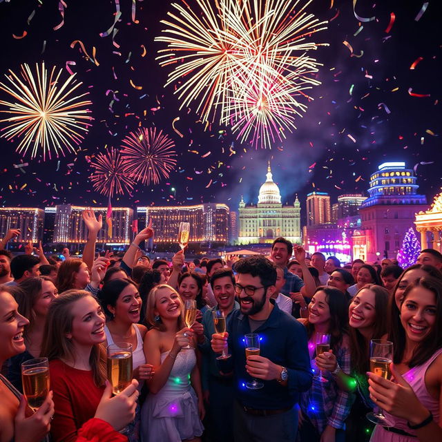 A vibrant New Year's Eve celebration scene, featuring a joyful crowd wearing festive clothing, surrounded by colorful fireworks lighting up the night sky