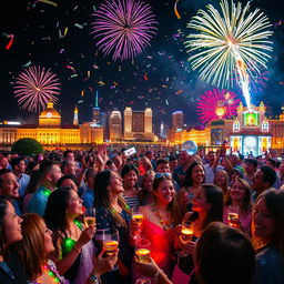A vibrant New Year's Eve celebration scene, featuring a joyful crowd wearing festive clothing, surrounded by colorful fireworks lighting up the night sky