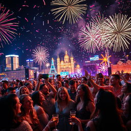 A vibrant New Year's Eve celebration scene, featuring a joyful crowd wearing festive clothing, surrounded by colorful fireworks lighting up the night sky