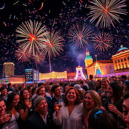 A vibrant New Year's Eve celebration scene, featuring a joyful crowd wearing festive clothing, surrounded by colorful fireworks lighting up the night sky