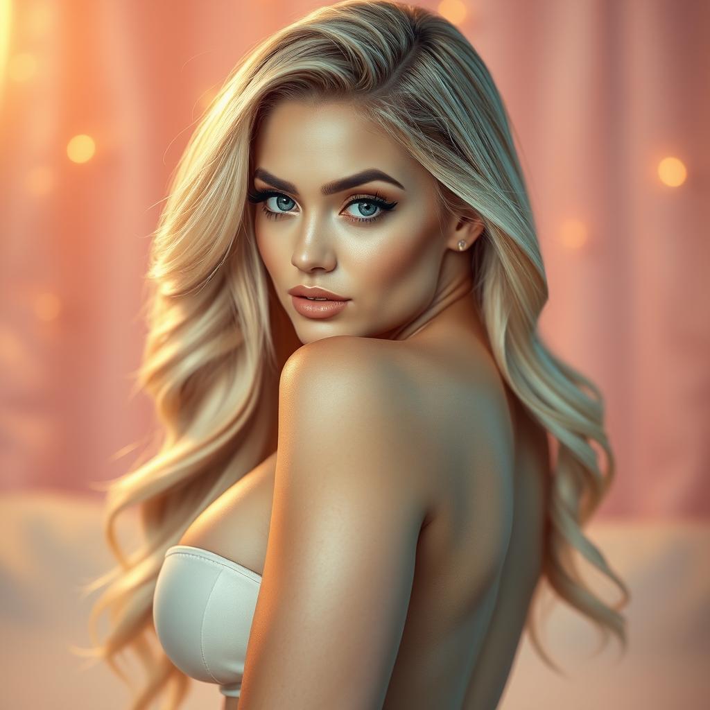 A sexy blonde woman with an alluring appearance, featuring glossy skin and captivating eyes