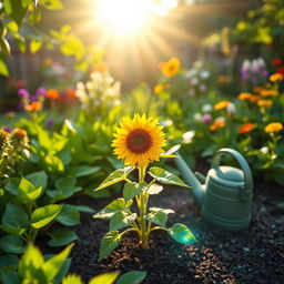 A vibrant summer garden scene featuring a lush green backyard with a small sunflower plant blooming beautifully in the center