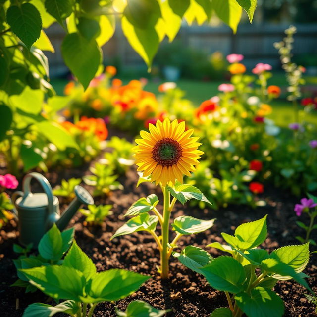 A vibrant summer garden scene featuring a lush green backyard with a small sunflower plant blooming beautifully in the center