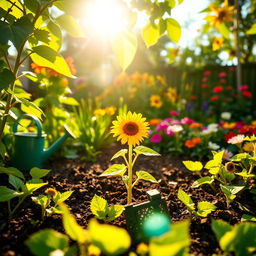 A vibrant summer garden scene featuring a lush green backyard with a small sunflower plant blooming beautifully in the center