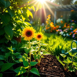 A vibrant summer garden scene featuring a lush green backyard with a small sunflower plant blooming beautifully in the center