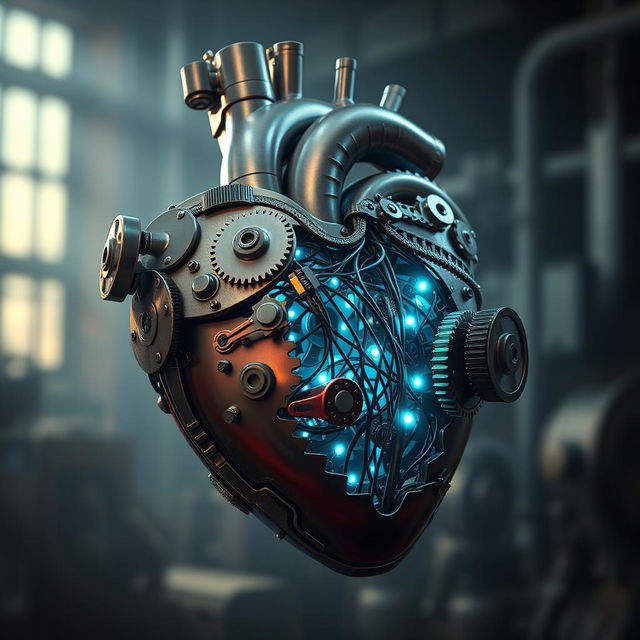 A stunning representation of a mechanical heart, intricately designed with gears, cogs, and polished metal surfaces