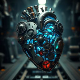 A stunning representation of a mechanical heart, intricately designed with gears, cogs, and polished metal surfaces
