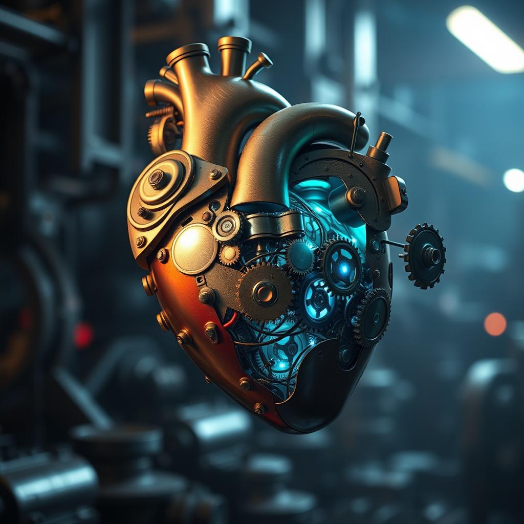 A stunning representation of a mechanical heart, intricately designed with gears, cogs, and polished metal surfaces