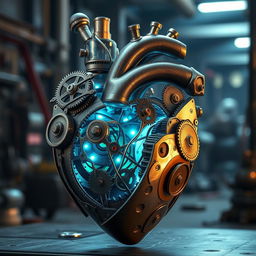 A stunning representation of a mechanical heart, intricately designed with gears, cogs, and polished metal surfaces